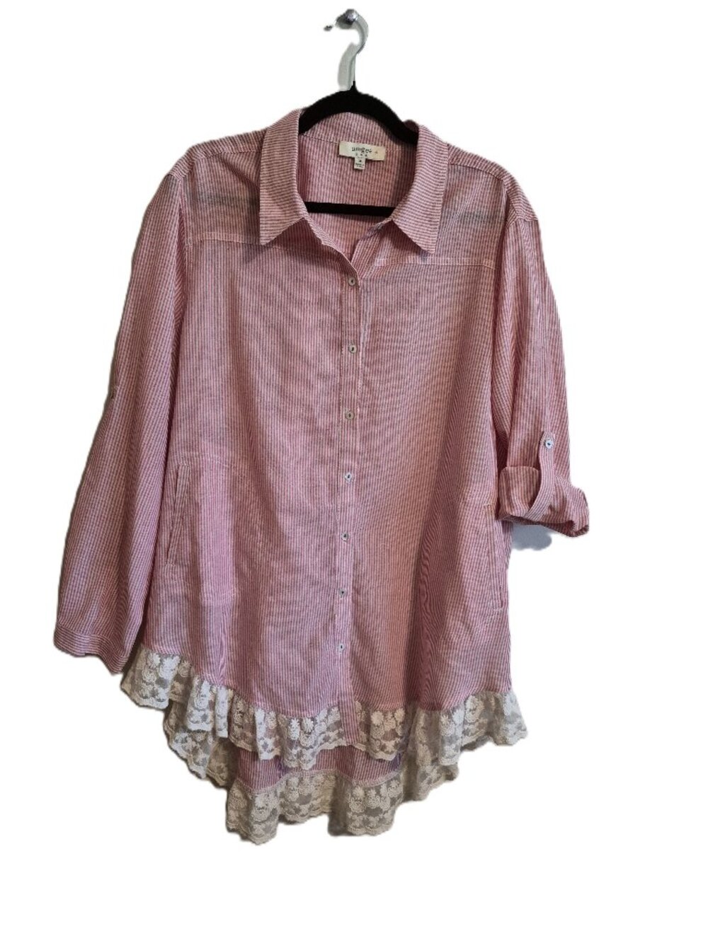 Umgee Pinstriped Lace Detail Button Up Row Tab Sleeves Tunic Blouse XL